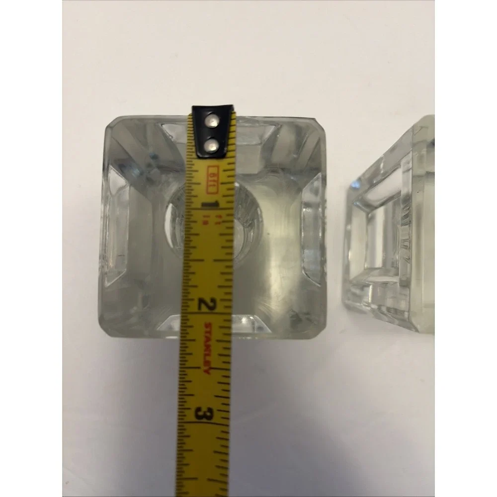 Vtg MCM Crystal Glass Ice Cube Style Candle Holder Pair Indented Sides Heavy